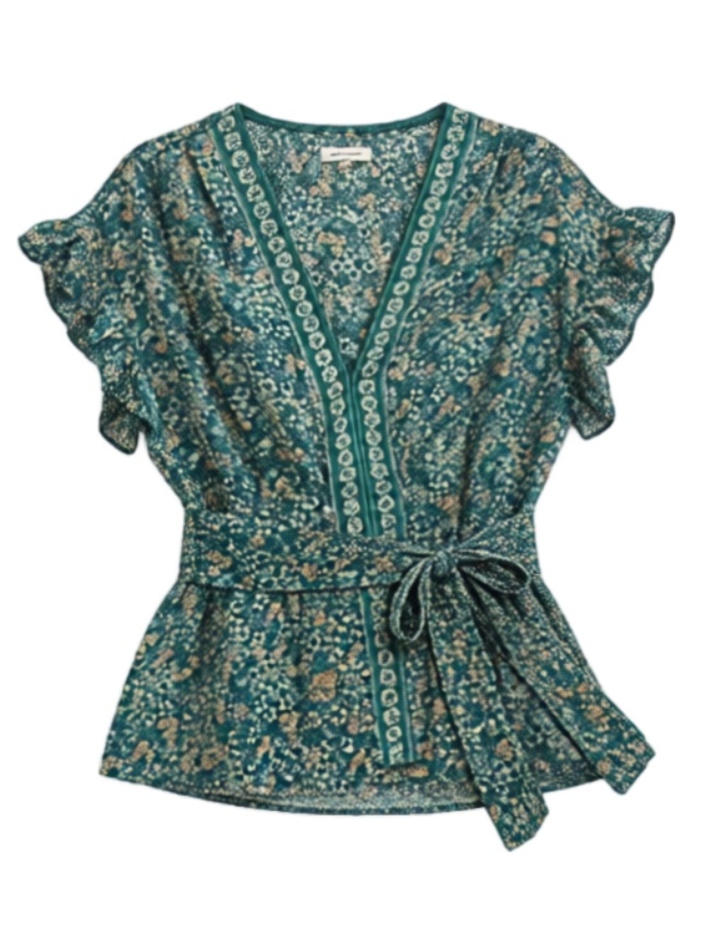 Max Studio Teal Floral Wrap-Style Blouse with Tie Waist